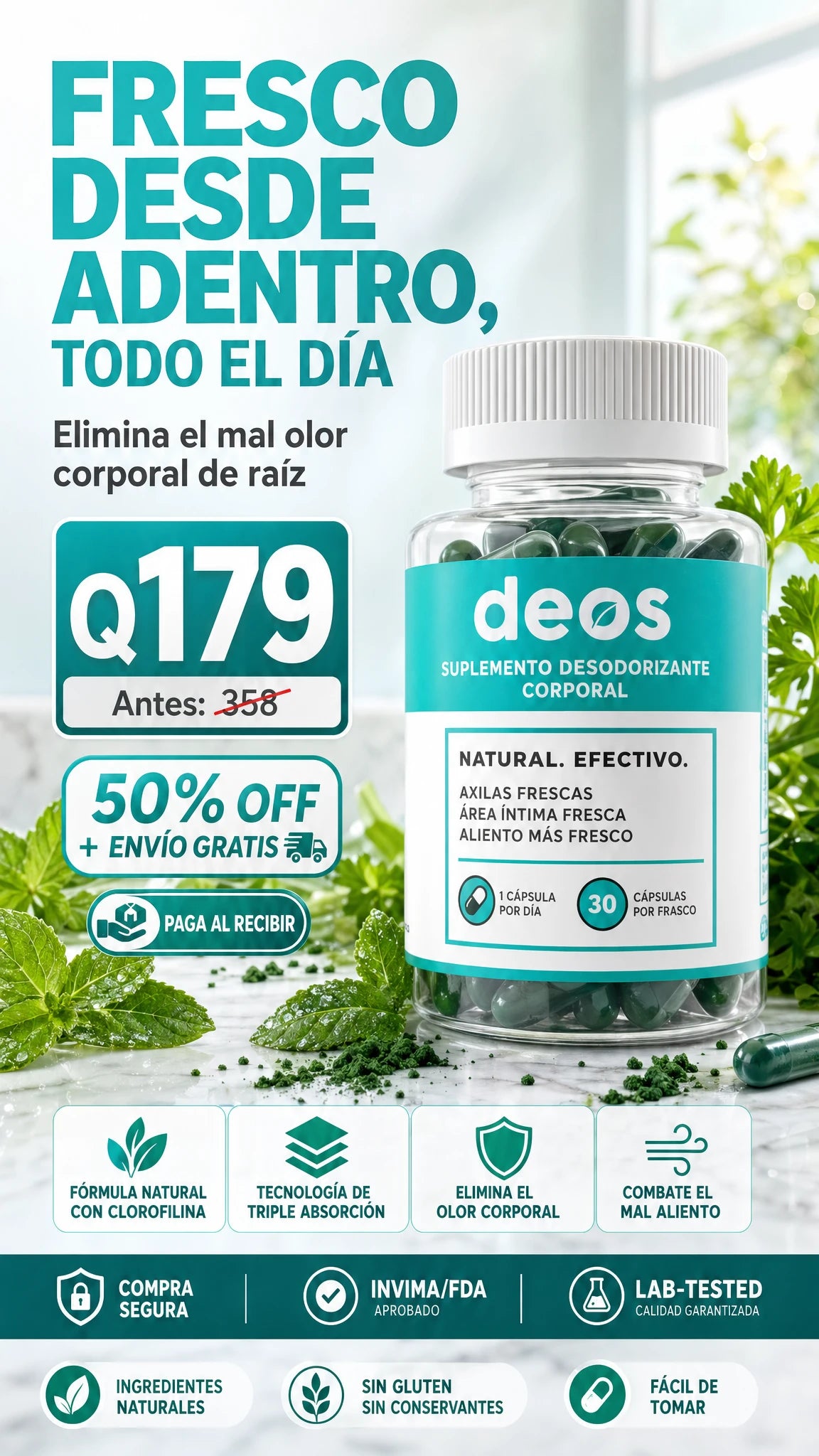 DEOS™ | Suplemento Desodorizante: Elimina el Mal Olor Corporal de Raíz (30 Cápsulas)
