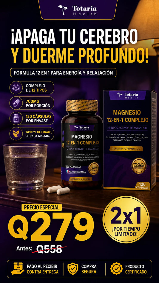 (OFERTA 2X1) Totaria Magnesium 12-In-1 Complex® [120 Cápsulas]: Recupera tu Energía y Mejora tu Descanso (12 Tipos de Magnesio Activo)