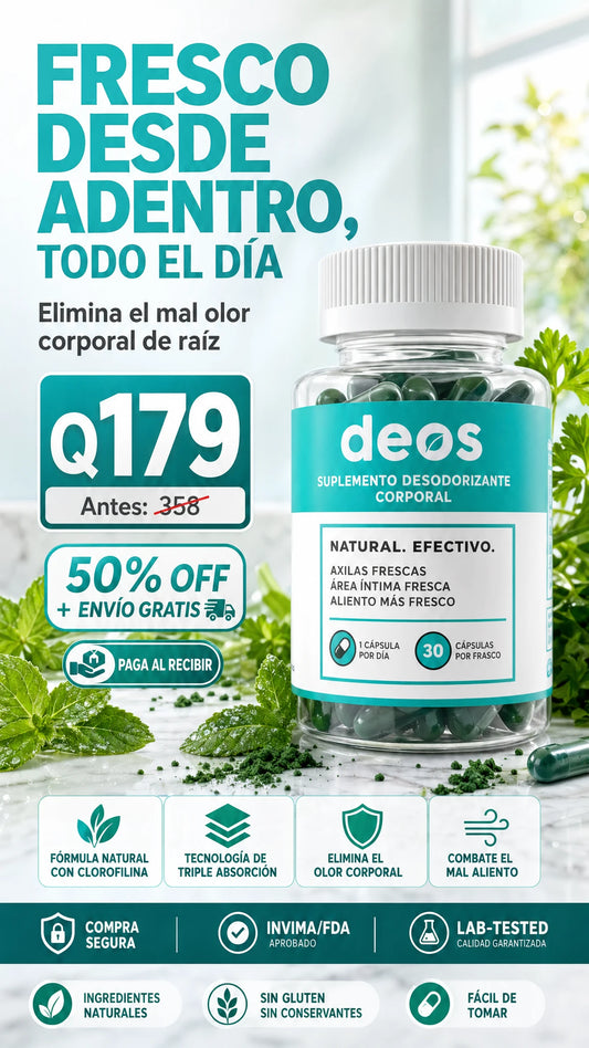DEOS™ | Suplemento Desodorizante: Elimina el Mal Olor Corporal de Raíz (30 Cápsulas)
