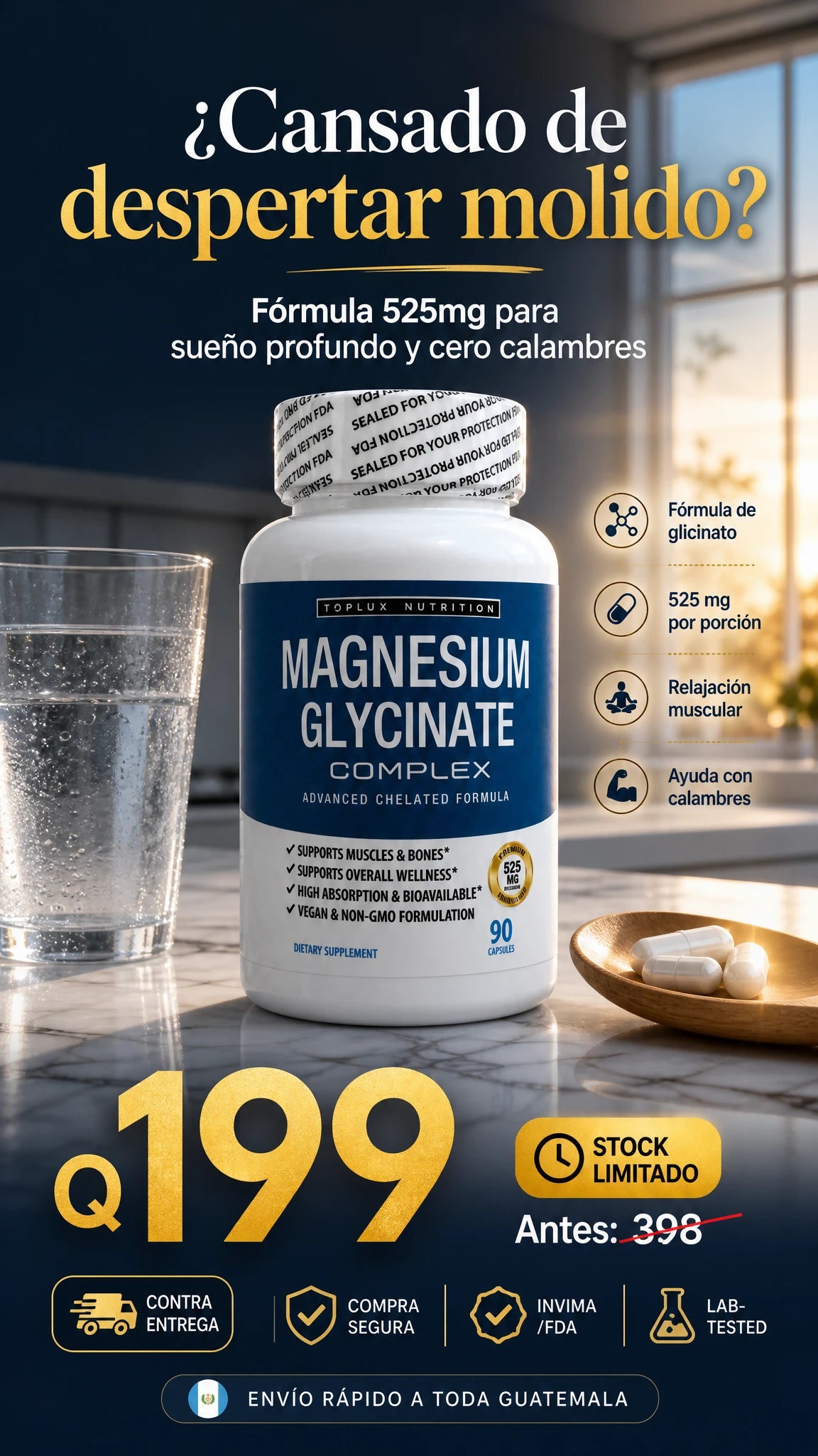 Glicinato de Magnesio® [90 Cápsulas]: Noches Reparadoras, Músculos Relajados y Cero Estrés Nocturno (Absorción Superior, Calidad Premium y Soporte del Sistema Nervioso)