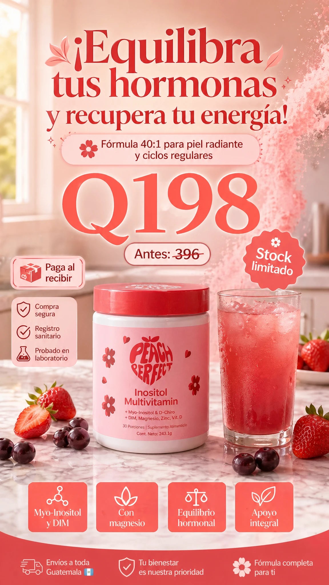 Peach Perfect Inositol Multivitaminas 243 Gr [Sabor Durazno]: Regula tu Ciclo, Combate el SOP y Controla los Antojos (Complejo de Inositol y Vitaminas)