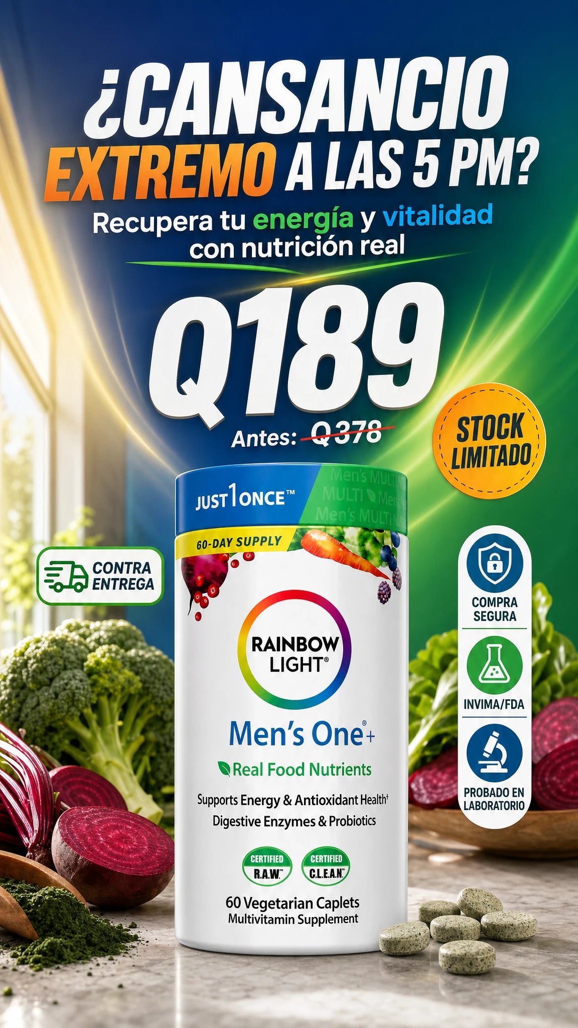 Rainbow Light Men's One+® [Multivitamínico Premium]: Recupera tu Vigor y Potencia tu Desempeño (Probióticos, Zinc y Nutrientes Reales)
